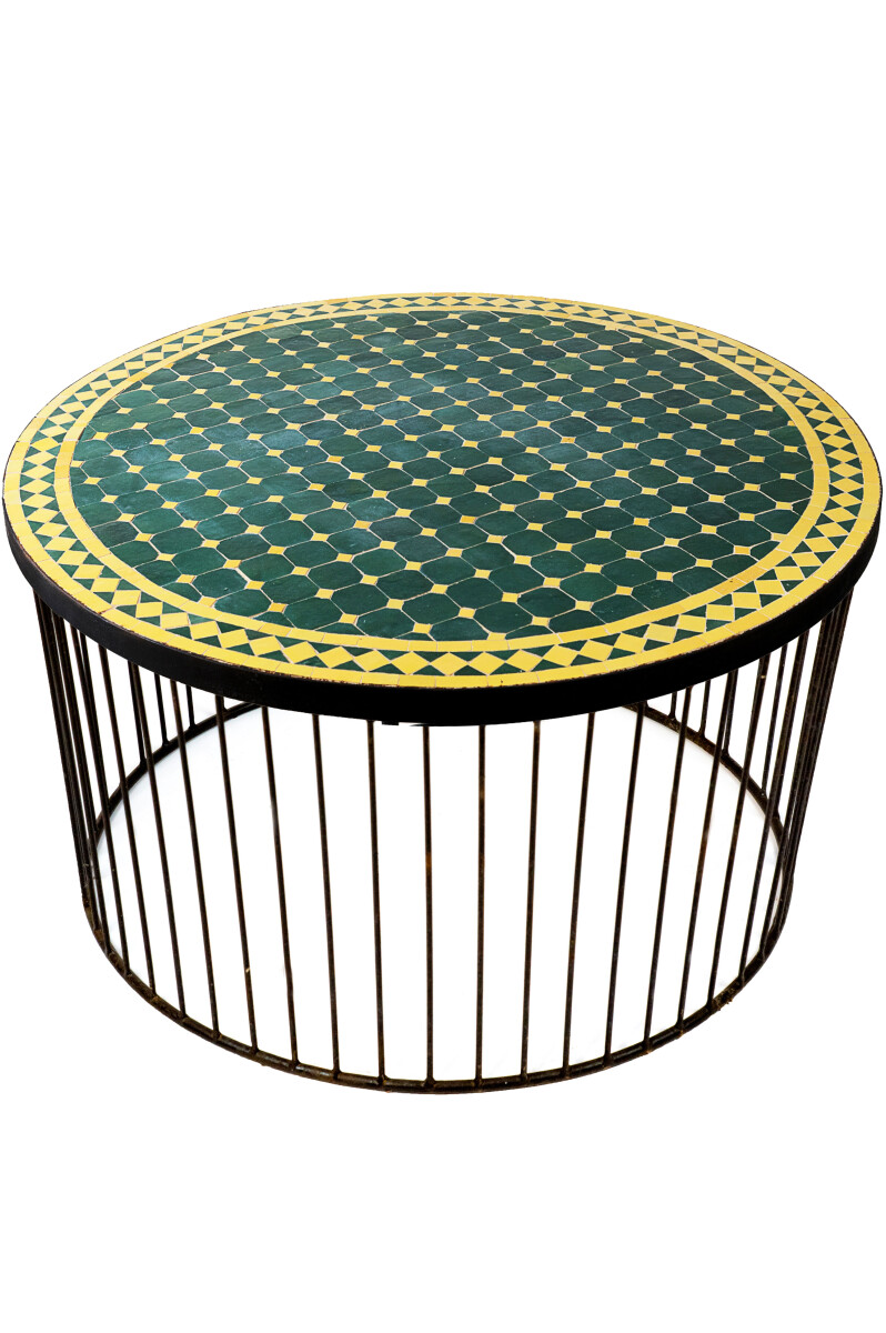 Table en mosaïque marocaine Marrakech, verte et jaune, 