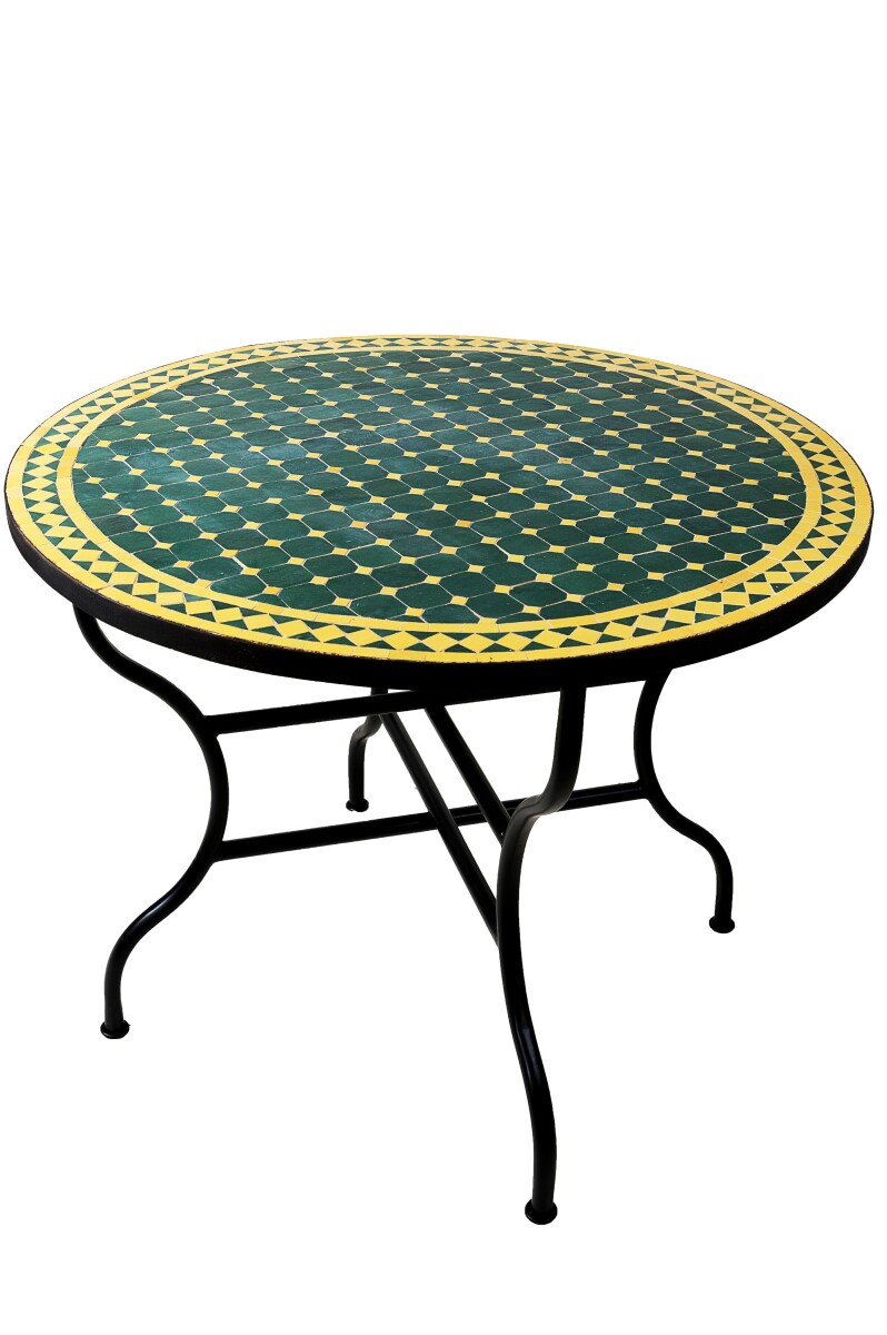 Table en mosaïque marocaine Marrakech, verte et jaune, 